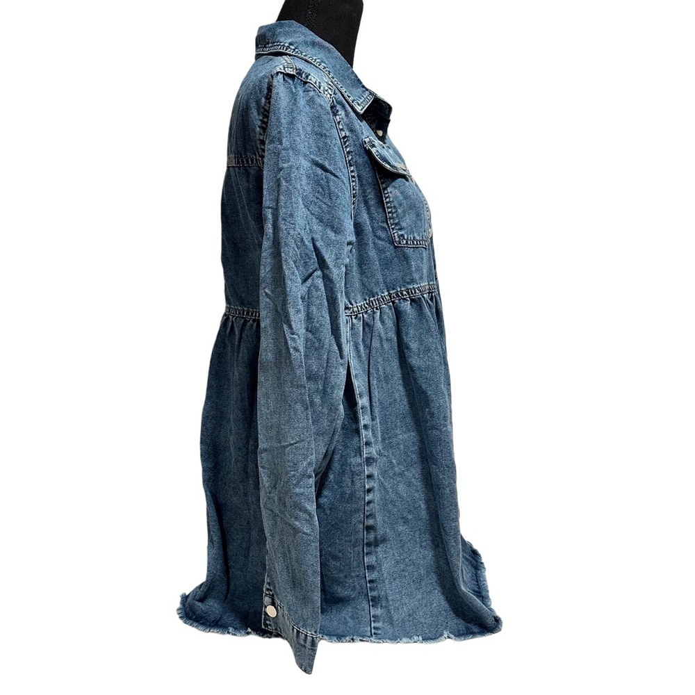 Women’s Denim Coat Elegant Button-Up Lapel Design Raw Hem Long Sleeve Loose Fit - Picture 5 of 16